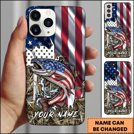 Maxcorners Fishing American Flag Patriotic Vintage Camo Personalized Name Phone Case (10 Fish Species)
