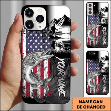 Maxcorners Pike Fishing Patriotic USA Flag Mountain Angler Silhouette Personalized Name Phone Case
