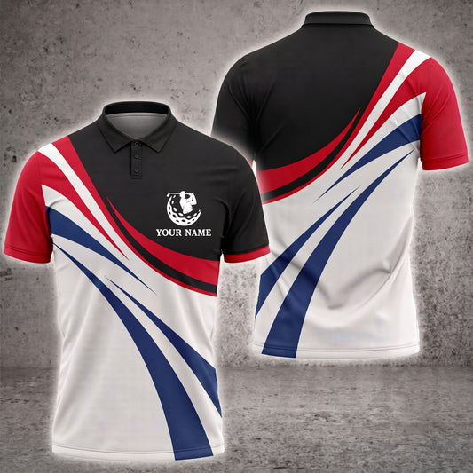 Maxcorners Red, White & Blue Drive 3D Golf Personalized Name Polo Shirts