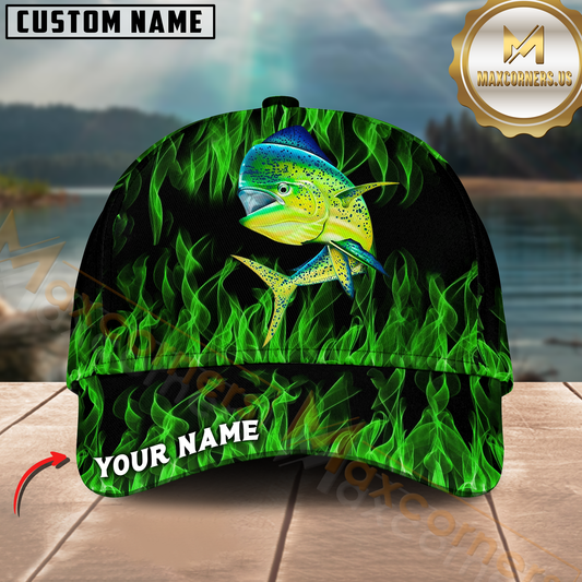 Maxcorners Fishing Green Flame Pattern Personalized 3D Cap (11 Breeds)