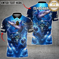 Maxcorners Bowling Team Shirt Shark & Scuba Skull Electric Blue Ocean Graphic Multioptions Personalized Name, Team Name 3D Shirt