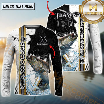 Maxcorners Striped_Bass Fishing Split Grunge Splash Design Personalized Name, Team Name Long Sleeve Shirt