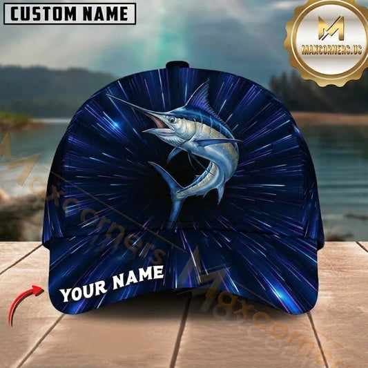 Maxcorners Fishing Neon Blue Purple Light Burst Customized Name 3D Cap