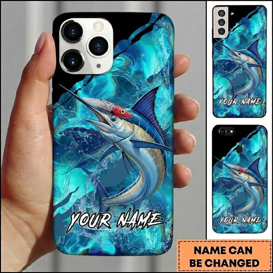 Maxcorners Fishing Black Teal Marble Lure Customized Name 3D Phone Case