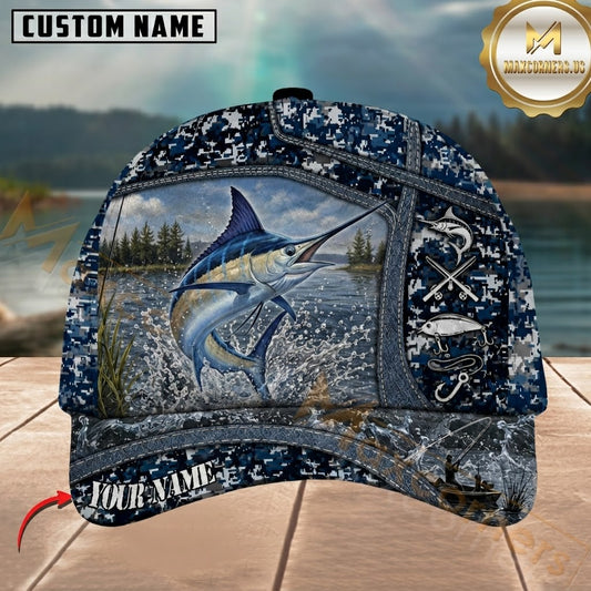 Maxcorners Fishing Blue Digital Camo Lake Splash Customized Name 3D Cap