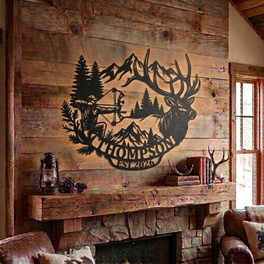 Maxcorners Custom Bow Hunter Elk Mountain Forest Metal Sign Personalized Family Name & Year Archery Hunting Cabin Decor