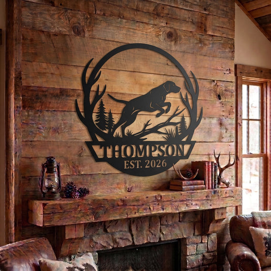 Maxcorners Personalized Hunting Dog Jumping Antler Forest Metal Sign Custom Family Name & Year Cabin Wall Decor