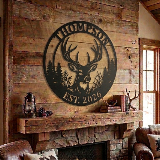 Maxcorners Custom Deer Buck Head Pine Forest Circle Metal Sign Personalized Family Name & Year Cabin Wall Art