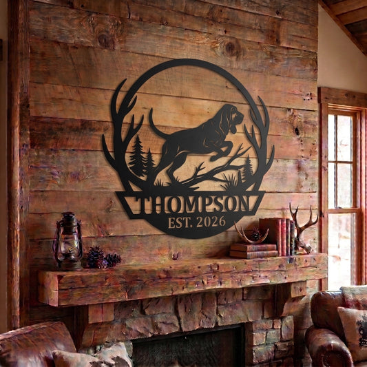 Maxcorners Custom Hunting Dog Hound Jumping Metal Sign Personalized Family Name & Year Antler Pine Tree Cabin Decor