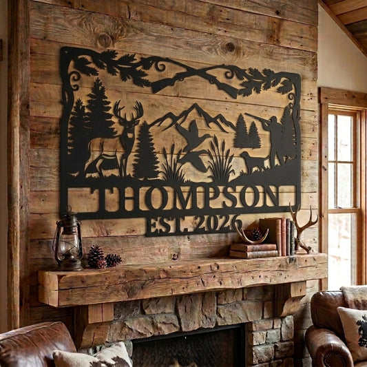 Maxcorners Personalized Deer Duck Hunter Dog Mountain Rifle Metal Sign Custom Family Name & Year Rectangle Cabin Wall Art