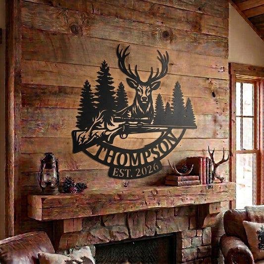 Maxcorners Custom Deer Buck Rifle Hunting Metal Sign Personalized Family Name & Year Pine Tree Cabin Decor