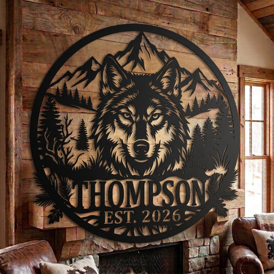 Maxcorners Personalized Wolf Head Mountain Forest Metal Sign Custom Family Name & Year Wilderness Cabin Wall Art