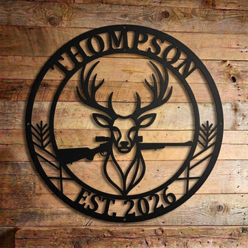 Maxcorners Custom Deer Head Rifle Circle Metal Sign Personalized Family Name & Year Hunting Lodge Wall Decor