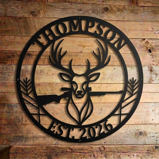 Maxcorners Custom Deer Head Rifle Circle Metal Sign Personalized Family Name & Year Hunting Lodge Wall Decor
