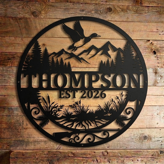 Maxcorners Personalized Duck Hunting Mountain Pine Forest Lake Metal Sign Custom Family Name & Year Cabin Wall Decor