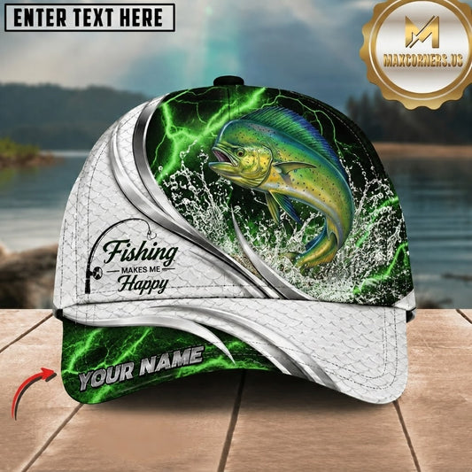 Maxcorners Fishing Green Lightning White Scale Water Splash Customized Name 3D Cap