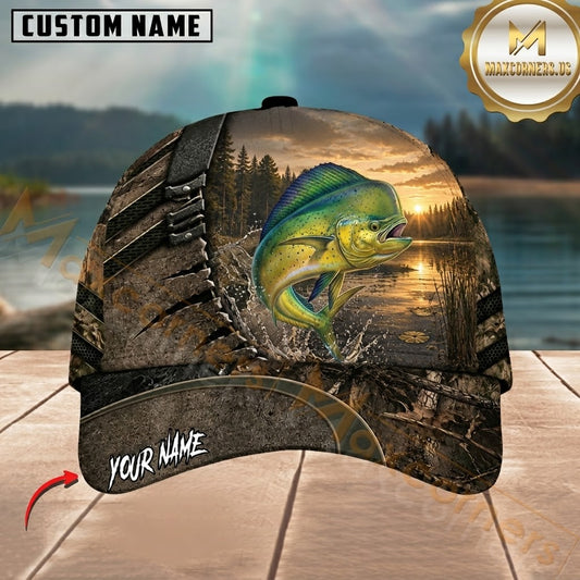 Maxcorners Fishing Rustic Bark and Sunset Customized Name 3D Cap