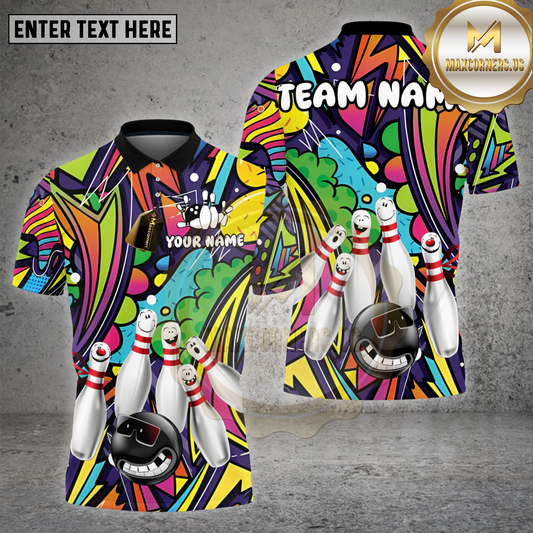 Maxcorners Bowling Shirt Graffiti Neon Cartoon Pins & Smiley Bowling Ball Personalized Name, Team Name 3D Shirt (4 Colors)