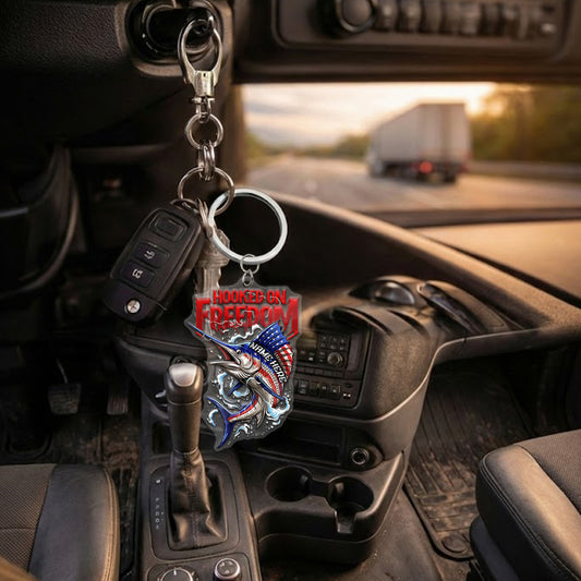 Maxcorners Marlin Fishing Keychain Hooked On Freedom American Flag Fish Design Personalized Name 2D Keychain