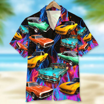 Maxcorners Personalized Muscle Car Hawaiian Shirt, Colorful Flame Pattern, Custom Photo Car Aloha Shirts (Up to 5 photos)