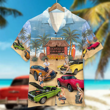 Maxcorners Personalized Muscle Car Hawaiian Shirt, Sexy Girls Sitting On Cars, Custom Photo Car Aloha Shirts (Up to 5 photos)