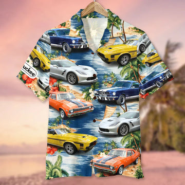 Maxcorners Personalized Muscle Car Hawaiian Shirt, Beach And Sunset Custom Photo Car Aloha Shirts (Up to 5 photos)