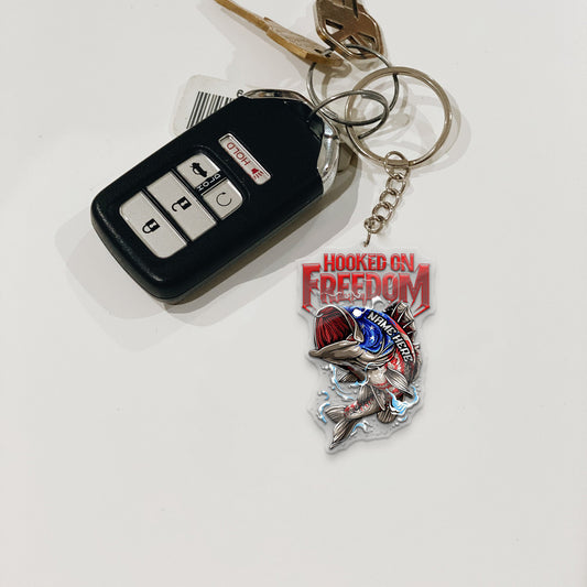 Maxcorners Bass Fishing Keychain Hooked On Freedom American Flag Fish Design Personalized Name 2D Keychain