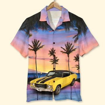 Maxcorners Personalized Muscle Car Hawaiian Shirt, Sunset Beach Pattern Custom Photo Car Aloha Shirts