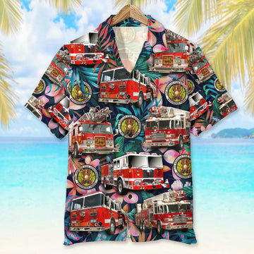 Maxcorners Personalized Fire Engine Car Hawaiian Shirt, Gift For Firefighter, Floral Pattern, Custom Photo Car Aloha Shirts