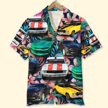 Maxcorners "Tropical Plants And Hibiscus Flowers Pattern" Personalized Muscle Car Hawaiian Shirt, Custom Photo Car Aloha Shirts (Up to 5 photos)