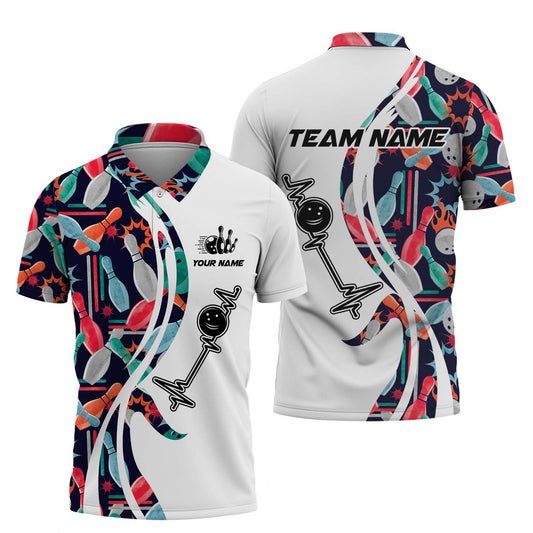 MaxCorners Bowling And Pins Color Heart Beat Customized Name, Team Name 3D Polo Shirt For Men
