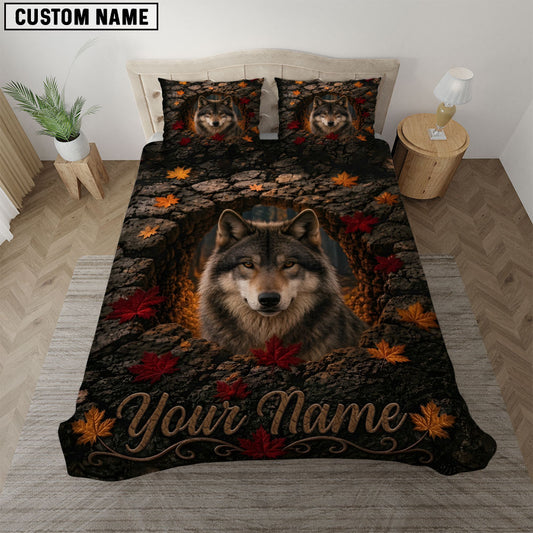 Maxcorners Black Brown Gray Wolf Autumn Leaves Rocky Cave Bedding Set 3D Print Custom Name