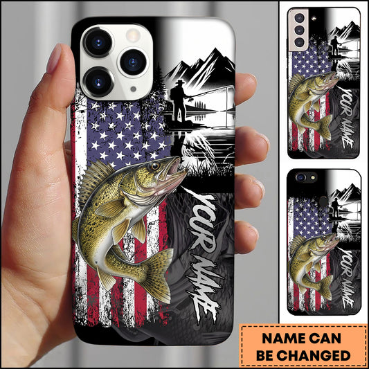 Maxcorners Walleye Fishing Patriotic USA Flag Mountain Angler Silhouette Personalized Name Phone Case