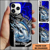 Maxcorners Fishing Dynamic Blue Geometric Splash Art Personalized Name Phone Case (10 Fish Species)
