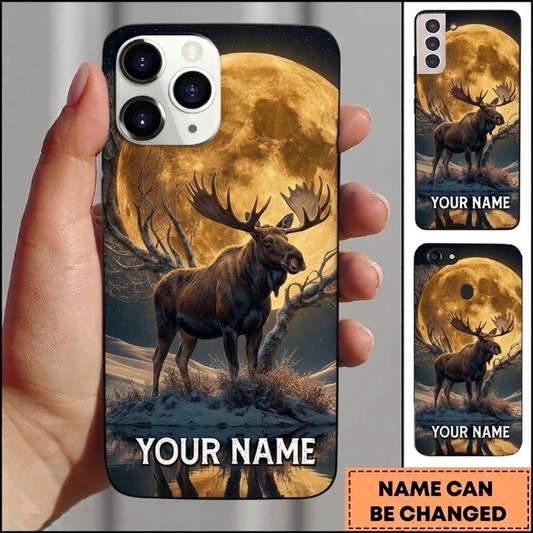 Maxcorners Hunting Majestic Moose Golden Full Moon Winter Night Customized Name Phone Case