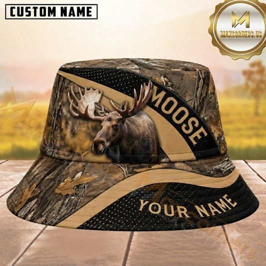 Maxcorners Moose Hunting Brown Black Woodland Camouflage Personalized Name 3D Bucket Hat