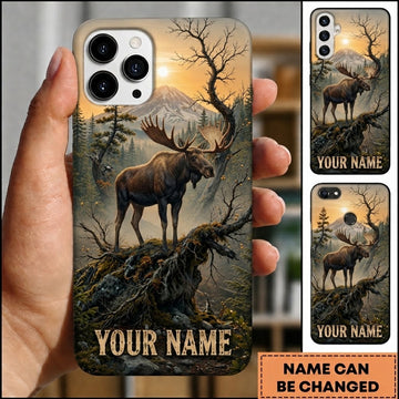 Maxcorners Hunting Wild Moose Mountain Sunrise Forest Cliff Wilderness Art Customized Name Phone Case