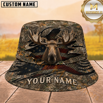 Maxcorners Moose Hunting Distressed American Flag Woodland Camouflage Personalized Name 3D Bucket Hat