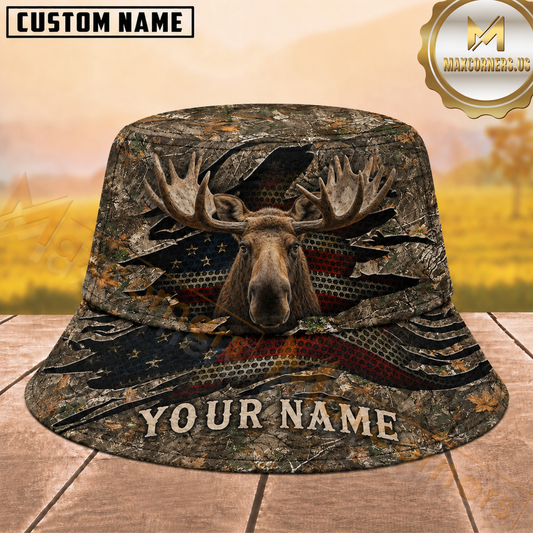 Maxcorners Moose Hunting Distressed American Flag Woodland Camouflage Personalized Name 3D Bucket Hat