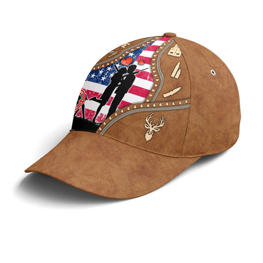 Maxcorners Couple Love Hunting American Flag Leather Style Baseball Cap LM0402