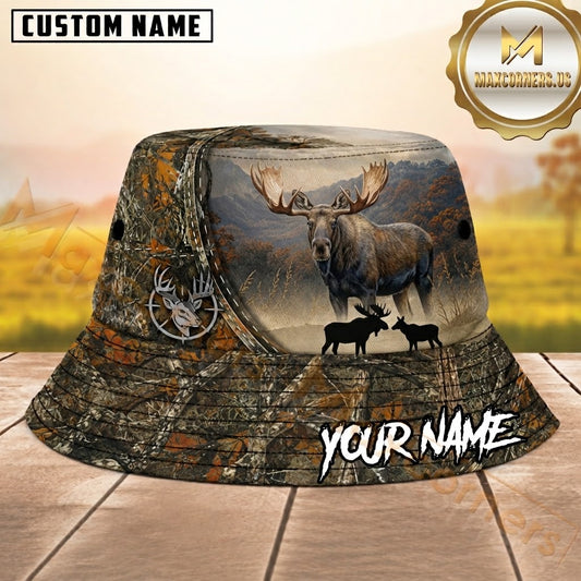 Maxcorners Moose Hunting Orange Camo Scenic Patch Personalized Name 3D Bucket Hat