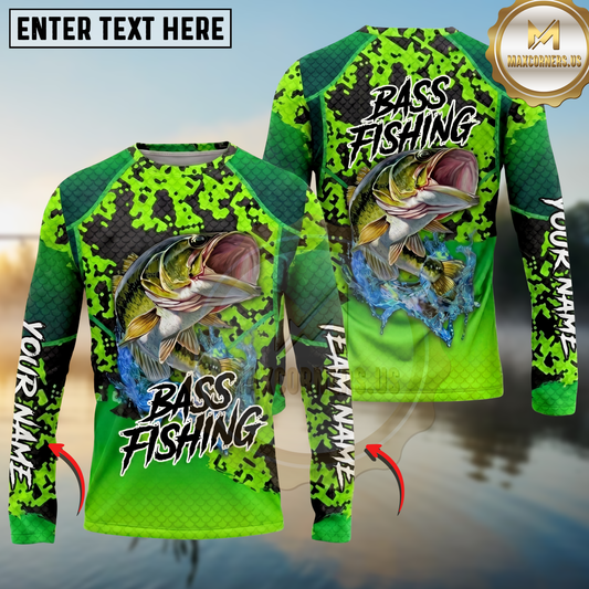 Maxcorners  Fishing Green Camo Scale Personalized Name, Team Name Long Sleeve Shirt (9 Fish Species)