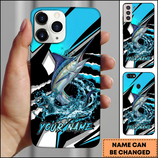 Maxcorners Marlin Fishing Blue Black Geometric Lightning Splash Personalized Name Phone Case