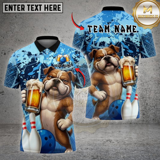 Maxcorners Funny Bulldog Bowling Beer Shirt Cool Dog Drinking Beer Design Multicolor Options Personalized Name, Team Name 3D Shirt (4 Colors)