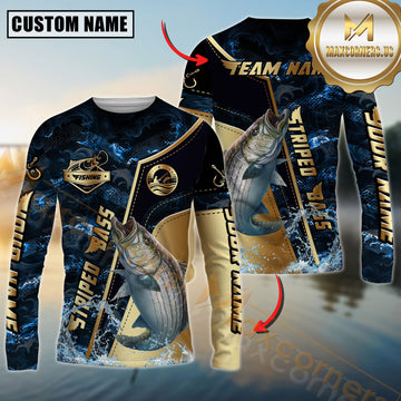 Maxcorners Striped_Bass Fishing Ocean Wave Gold Luxury Pattern Personalized Name, Team Name Long Sleeve Shirt