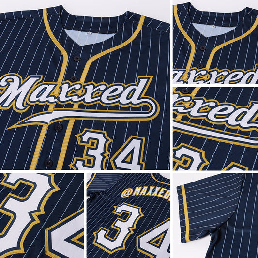 Maxcorners Custom Navy White Pinstripe White-Old Gold Authentic Baseball Jersey LM2605