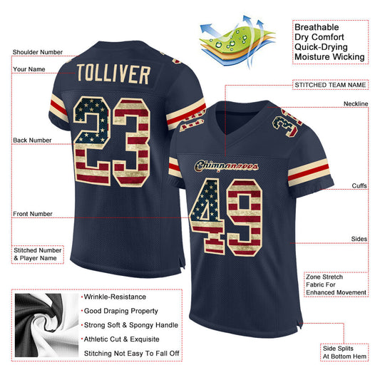 Maxcorners Custom Navy Vintage USA Flag-Cream Mesh Authentic Football Jersey LM2605