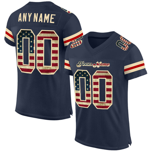Maxcorners Custom Navy Vintage USA Flag-Cream Mesh Authentic Football Jersey LM2605