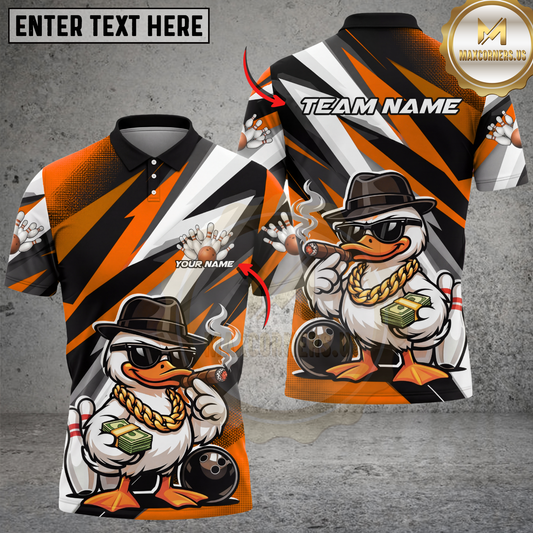 Maxcorners Bowling Shirt Gangster Duck Money Cigar Funny Cartoon Design Multicolor Options Personalized Name, Team Name 3D Shirt (4 Colors)