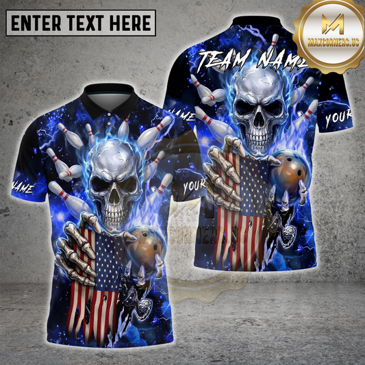 Maxcorners Skull Bowling Pins Strike Electric Blue Lightning Multicolor Options Personalized Name, Team Name 3D Shirt (4 Colors)